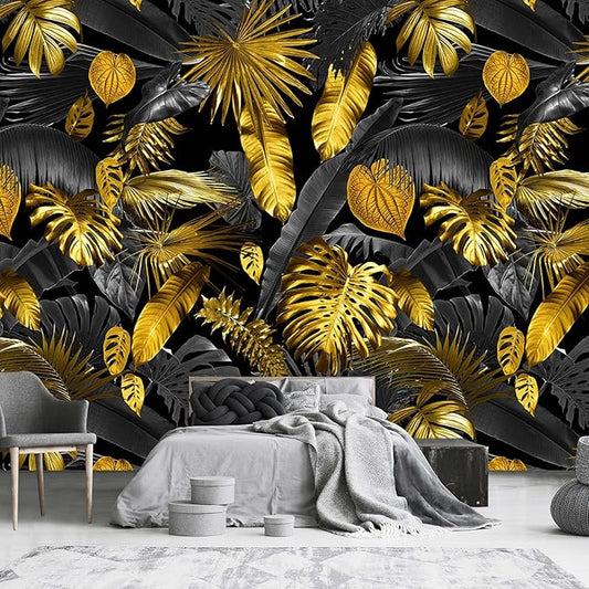 3D Black and Gold Leaves and Tropical Palm Leaves Wallpaper for Bedroom (Not Peel and Stick)