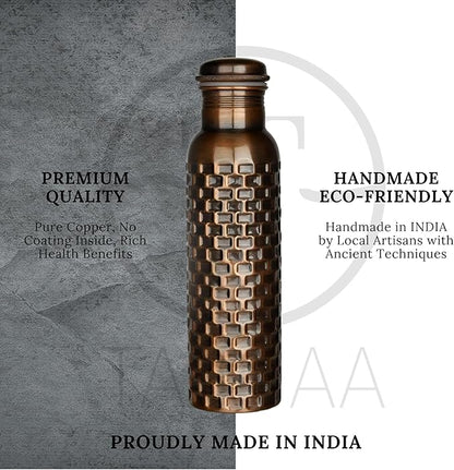 Pure Copper Metal Water Bottle - Indian Handmade Ayurveda Healing Benefit Water Bottle for Drinking, Travel, Hiking, Gym, Office, Outdoor - Antique Finish - 950 ML