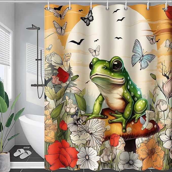 AILONEN Cartoon Frog Waterproof Shower Curtain,Nature Plant Fungus Flower Frog Bath Curtain,Fantasy Sunset Abstract Yellow Bathroom Curtain Decor 48" W x 72" H