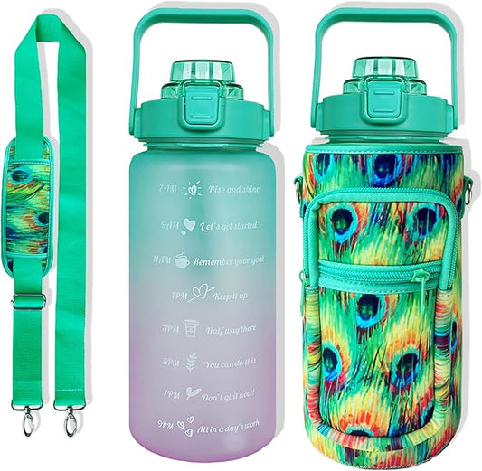 64 oz Water Bottle with Straw Sleeve & Strap Motivational Half Gallon Water Jug with Handle for Gym Women Men Aesthetic Water Bottle with Strap Peacock Feather
