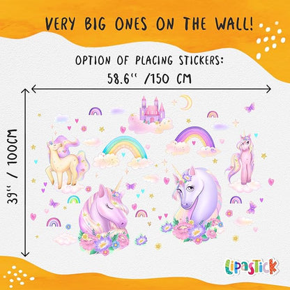 Unicorn Wall Decals Pack of 4 Sheets 125pcs by Lipastick - Rainbow Wall Stickers – Princess Castle with Hearts Clouds Stars Wall Decals Decor for Girls Kids Bedroom Birthday Party Size M Size
