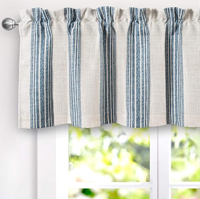 DriftAway Chris Linen Lined Valance Double Layer Thermal Insulated Room Darkening Blackout Valances 3 Inch Rod Pocket Vertical Striped Kitchen Valance for Bathroom 52 Inch by 18 Inch Jean Navy