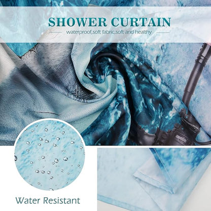 Aimego Stall Small Shower Curtain - Funny Cute Cat Riding Shark Fun Crazy Ocean Narrow Half Fabric Cloth Shower Curtains Set for Adults Bathroom Decor Accessories Bath Curtain, 36"x72", Blue Red