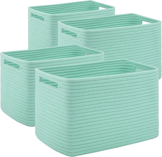 4 Pack Storage Baskets for Organizing Toys, Towels, and Clothes, Woven Basket for Shelves, Durable Nursery Cube Bins for Storage, 13''L x9''W x7.8''H, Green