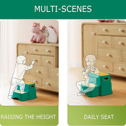 HOMKO 2 Step Stool for Kids Toddler Stool for Potty Training Kids Step Stool for Bathroom Kitchen Sink and Toilet Potty Training Anti-Slip Potty Stools, 3 in 1 Independent Stepping Stool, Green