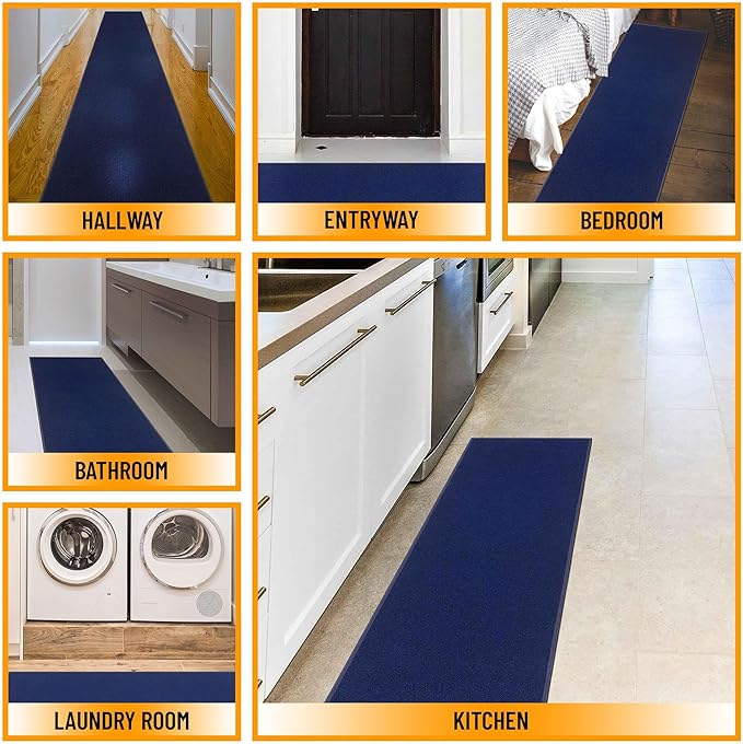 Machine Washable Modern Solid Design Non-Slip Rubberback 2x6 Traditional Runner Rug for Hallway, Kitchen, Bedroom, Living Room, 2'2" x 6', Navy