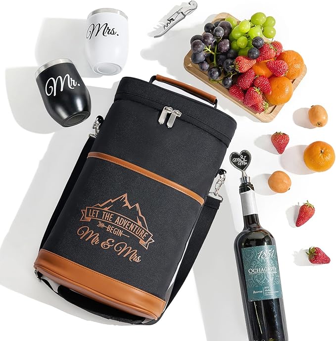 AW BRIDAL Mr and Mrs Gifts Bridal Shower Gifts His and Hers Gifts Wedding Gifts, Couple Engagement Gifts- Wine Gift Bag Wine Cooler Bag Insulated Wine Carrier Tote with Tumblers