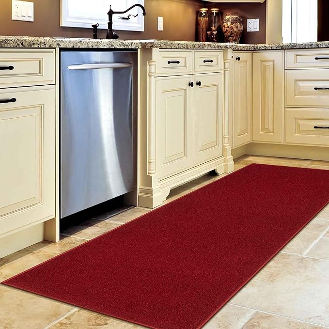 Machine Washable Modern Solid Design Non-Slip Rubberback 2x6 Traditional Runner Rug for Hallway, Kitchen, Bedroom, Living Room, 2'2" x 6', Red