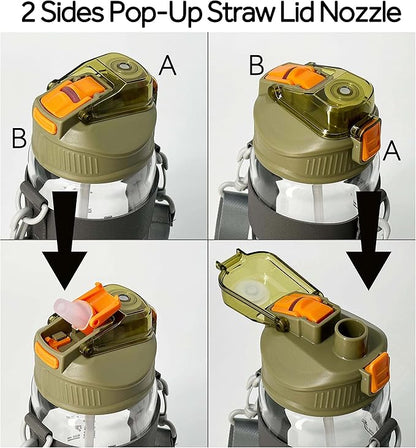 48oz Borosilicate Glass Water Bottle with Straw and Time Marker, Large Sport Water Jug with Adjustable Strap for Men Women (White)