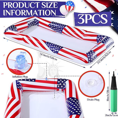 3 Pcs Patriotic Inflatable Serving Bars Summer Ice Buffet Salad Serving Trays Ice Holder for Party 4th of July Party Supplies, Independence Day Fourth of July Party BBQ Cooler Indoor Outdoor