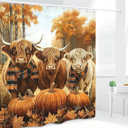 Autumn Highland Cow Shower Curtain 60Wx72L Inch Fall Bull Pumpkin Harvest Maple Orange Animal Thanksgiving Funny Seasonal Bathroom Set Accessories Decor with 12 Pack Hooks