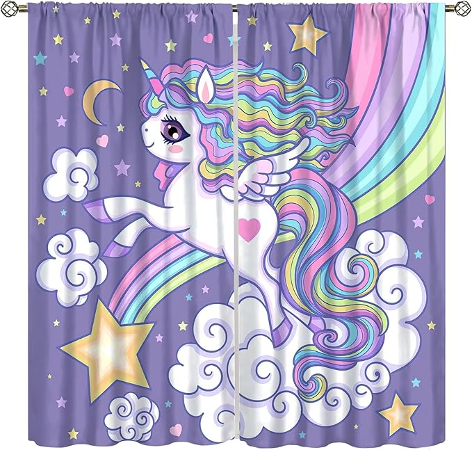 Kids Unicorn Curtains Purple Cartoon Rainbow Cartoon Room Blackout Curtains Boys Girls Baby Room Decor Curtains Living Room Decor 63x63 Inch 2 Panels