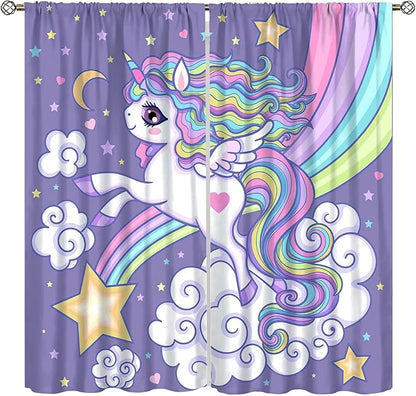 Kids Unicorn Curtains Purple Cartoon Rainbow Cartoon Room Blackout Curtains Boys Girls Baby Room Decor Curtains Living Room Decor 63x72 Inch 2 Panels