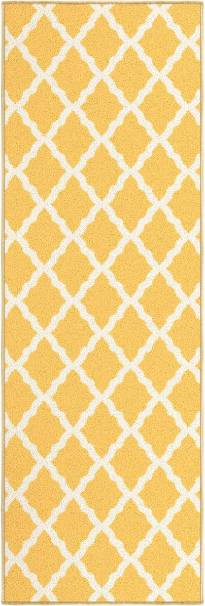 Machine Washable Moroccan Trellis Design Non-Slip Rubberback 2x5 Traditional Indoor Runner Rug for Hallway, Kitchen, Bedroom, Entryway, 20" x 59", Yellow