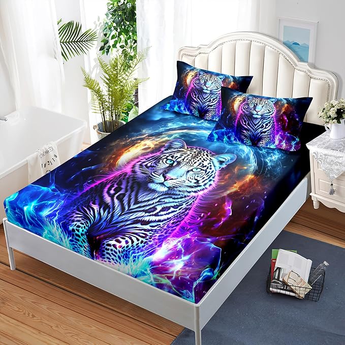 AILONEN Leopard Fitted Sheet Set Twin XL Size, Boys Blue Smoky 3 Pieces Printed Cheetah Bed Sheet Set,Wildlife Fitted Sheet with 2 Pillowcases
