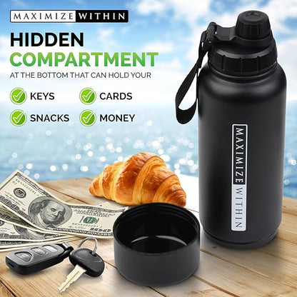 Double Wall Stainless Steel Water bottle with Dual lids (Straw & Spout) Hidden Compartment, Vacuum Insulated, Reusable. Black. 32 oz