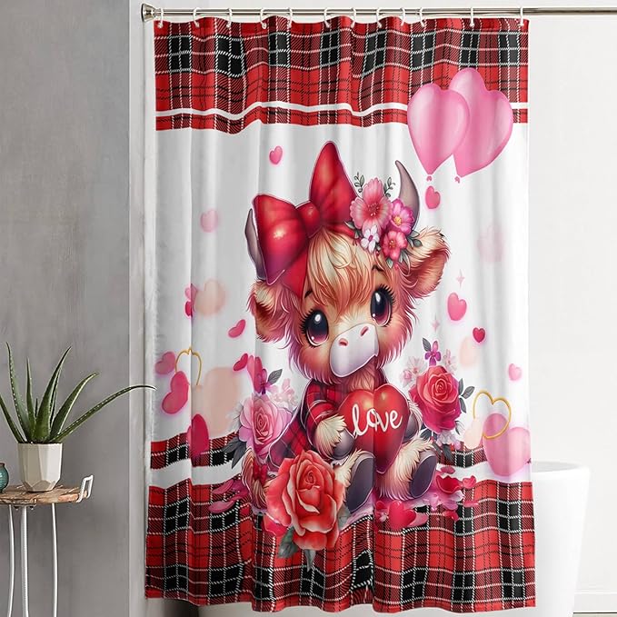 AILONEN Cartoon Yak Shower Curtain Set, Lovely Red Rose Cow Polyester Waterproof Shower Curtain for Bathroom,Love Scottish Tartan Theme Cloth Bath Curtain Set with Hooks,48" Wx72 H