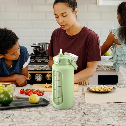 64 oz Glass Water Bottle with Straw and 2 Lids, Half Gallon Water Bottle with Sleeve, Large Insulated 2 Liter Glass Water Jug Time Marker with Handle - Green