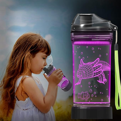 Axolotl Water Bottle with 3D Glowing LED Light - 14 OZ Tritan BPA Free - Creative Ideal Travel Cup Gift for School Kid Boy Child Gamer Holiday Camping Picnic