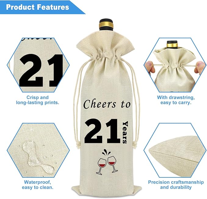 21st Birthday Wine Bag 21st Birthday Gift Presents for 21st Birthday Girl 21 Years Old Gift Idea for Her Friends Bestie Daughter Turning 21 Woman Birthday Party Anniversary Decorations Wine Bottle Bag