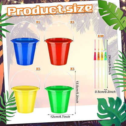 Meekoo 12 Pcs Plastic Rum Buckets for Drinks with 40 Colorful Straws Portable Cocktail Buckets Ice Cream Buckets with Handles Reusable Smoothie Bucket for Summer Bar Kitchen Multifunctional Punch Bowl