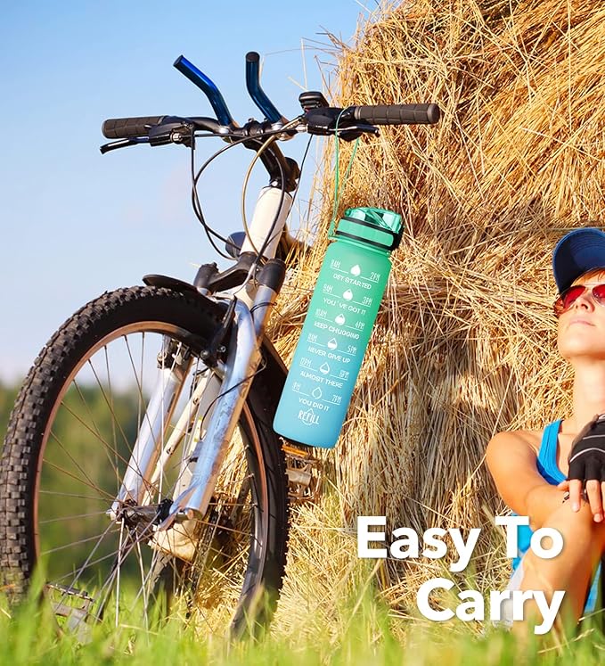 32oz Motivational Water Bottle with Time Marker & Fruit Strainer, Leak-proof BPA Free Non-Toxic Bottle with Carrying Strap, Perfect for Fitness, Gym and Outdoor Sports