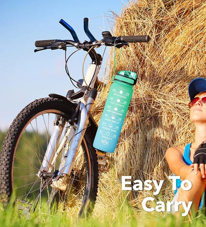 32oz Motivational Water Bottle with Time Marker & Fruit Strainer, Leak-proof BPA Free Non-Toxic Bottle with Carrying Strap, Perfect for Fitness, Gym and Outdoor Sports