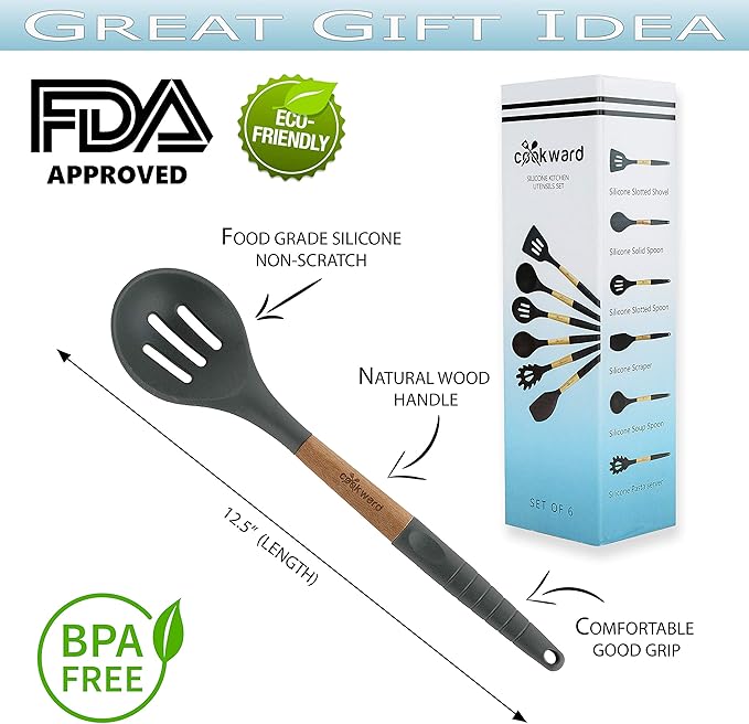 Silicone Cooking Utensils Set (6 pcs) Natural Wood Kitchen Utensils – Eco Friendly & BPA Free, Non-Scratch & Non-Stick Easy Grip -Black