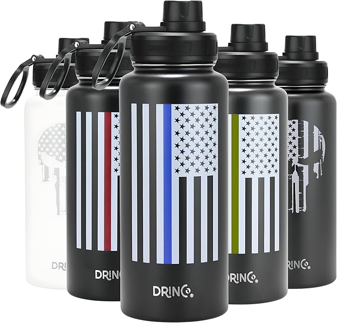 DRINCO Stainless Steel Water Bottle Spout Lid Vacuum Insulated Double Wall Water Bottle USA Flag Military Veteran (32oz Thin Green Black, 32oz)