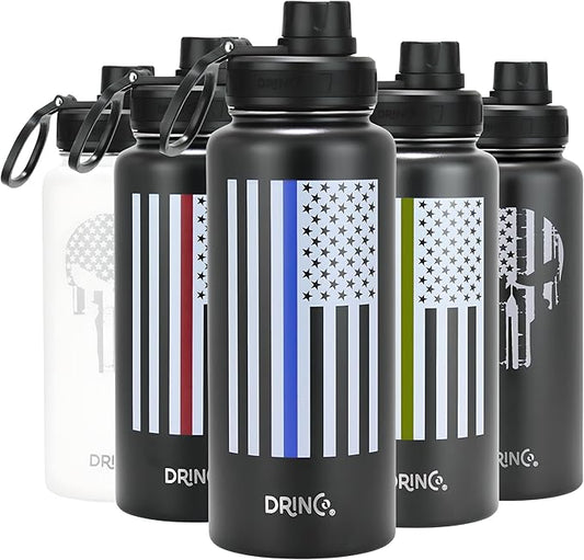 DRINCO Stainless Steel Water Bottle Spout Lid Vacuum Insulated Double Wall Water Bottle USA Flag Military Veteran (32oz Thin Blue Black, 32oz)