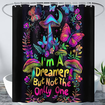 AILONEN Mushroom Shower Curtain,Colorful Butterfly Flower Decoration,Polyester Fabric,Waterproof,Botanical Fungus Plants Black Bath Curtains Washable,with 12 Plastic Hooks, 72" W x 84" H