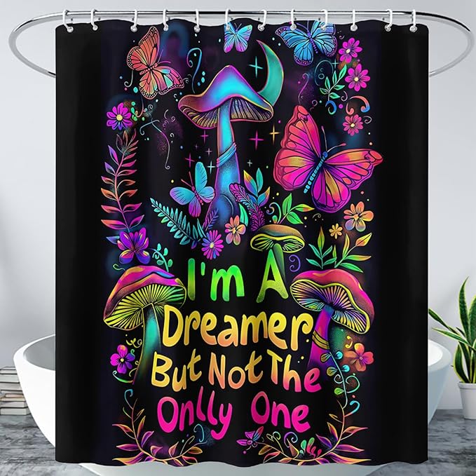 AILONEN Mushroom Shower Curtain,Colorful Butterfly Flower Decoration,Polyester Fabric,Waterproof,Botanical Fungus Plants Black Bath Curtains Washable,with 12 Plastic Hooks, 72" W x 72" H