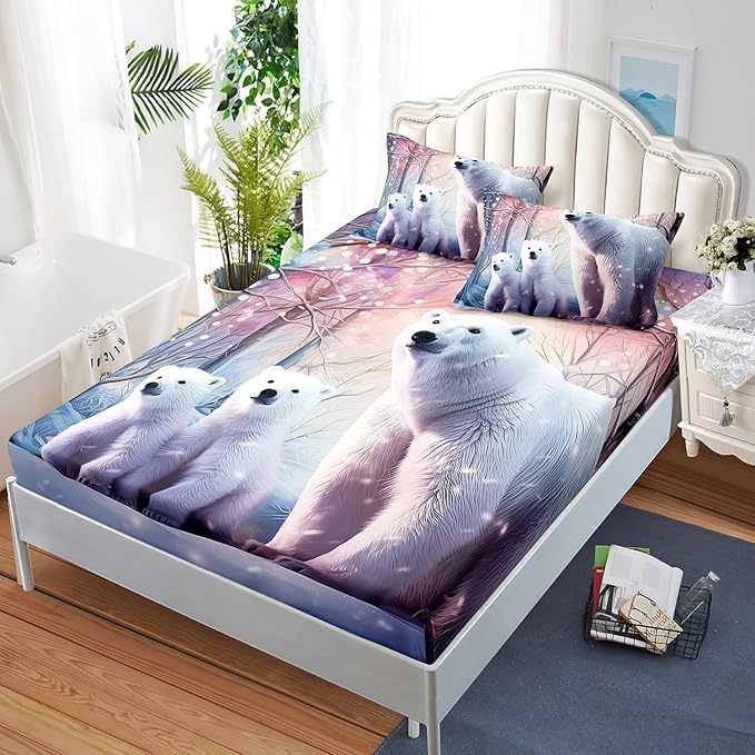 AILONEN Polar Bear Fitted Sheet Set Twin Size, Arctic Animals Bedding Winter Snow Bear Kawaii Kids Bed Sheet with 2 Pillowcases,3 Pieces Twin Fitted Sheet Set for Girls Boys