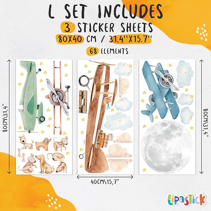 Large Airplane Wall Decals for Kids by Lipastick - 68 pcs Premium Kids Wall Stickers Aircrafts - Creative Nursery Wall Decal - Plane Vinyl Wall Decals for Baby Nursery Children Room Bedroom L Size