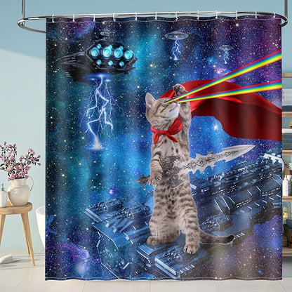 Aimego Long Funny Shower Curtain - Cute Cool Cat on Fantasy Outer Space Galaxy Universe UFO Fun Fabric Cloth Shower Curtain Set with 12 Hooks for Bathroom Decor Accessories Bathtub Curtain, 72"x78"