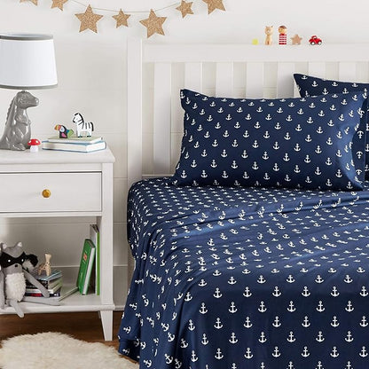 Amazon Basics Kid's Soft Easy-Wash Lightweight Microfiber 3-Piece Sheet Set, Toddler, Navy, White Anchors