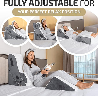 5pcs Orthopedic Bed Wedge Pillow Set w/Leg Elevation Pillow - Perfect Adjustable Memory Foam Pillows for After Surgery Recovery, Back Support, Pain Relief, Acid Reflux, Sleeping & GERD