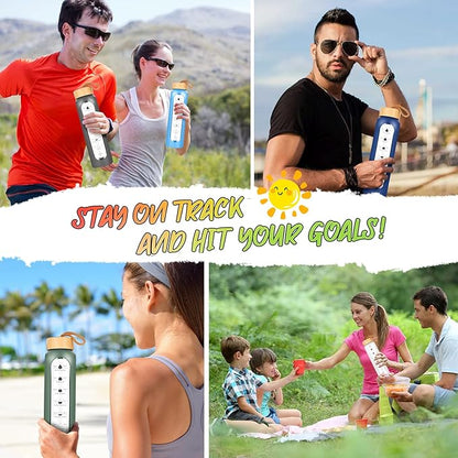 32 Oz Borosilicate Glass Water Bottle with Times to Drink | BPA Free - Reusable Wide Mouth Glass Motivational Water Bottles with Infuser & Silicone Sleeve (white)