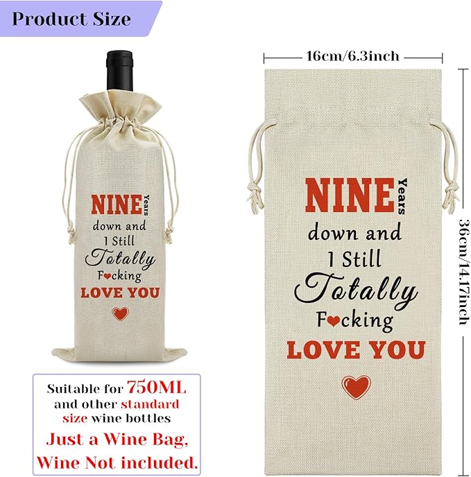 9th Anniversary Wedding Gift for Couple Wine Bag 9 Years of Marriage Gift for Women Men Drawstring Wine Wrapping Bag 9th Anniversary Keepsake Gift Birthday Christmas Valentine Gift Wine Gift Bag