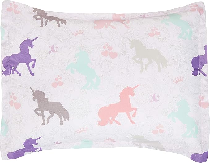 Amazon Basics Kid's Easy Care Microfiber Bed-in-a-Bag 7-Piece Bedding Set, Full/Queen, Purple Unicorns, Solid & Printed