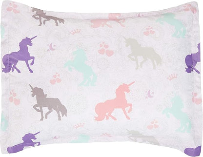 Amazon Basics Kid's Easy Care Microfiber Bed-in-a-Bag 7-Piece Bedding Set, Full/Queen, Purple Unicorns, Solid & Printed