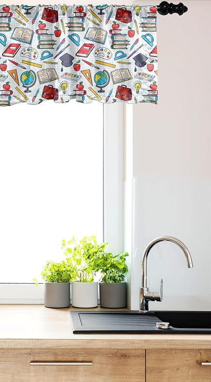 Ambesonne Science Window Valance, Elementary Theme Student Supplies Globe Paints and Brushes Books, Curtain Valance for Kitchen Bedroom Decor with Rod Pocket, 42" x 18", Multicolor