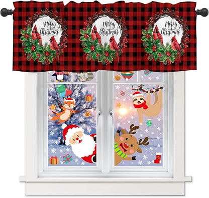 Merry Christmas Valance Kitchen Curtains for Windows, Winter Cardinal Holly Berries Rod Pocket Valances Window Treatments Red Black Plaid Short Curtains For Bedroom/ Living Room, 54" X 18" -1 Panel