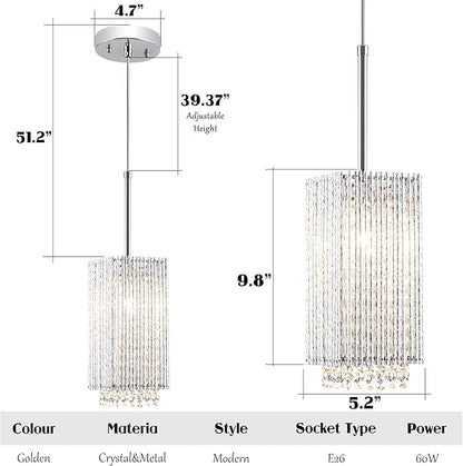 Mini Crystal Chandelier 1 Light Modern Hanging Light Fixture Small Cuboid Chrome Pendant Light for Kitchen Island Dining Room