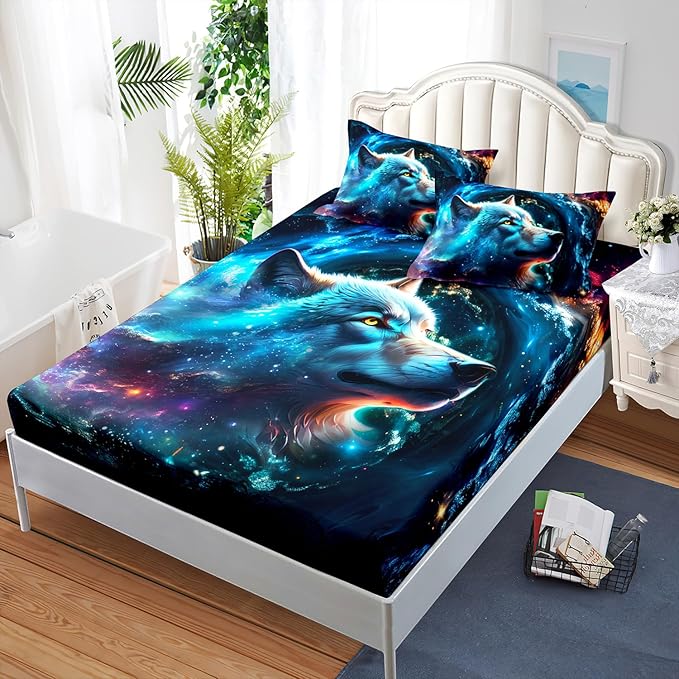 AILONEN Wolf Fitted Sheet Set Twin XL Size, Space Galaxy Wolf Bed Sheet Set for Boys Girls,Howling Wolf Safari Wolf Breathable Fitted Sheet and 2 Pillowcases,3 Pieces