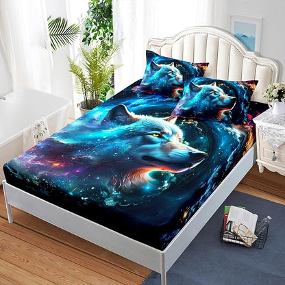 AILONEN Wolf Fitted Sheet Set Twin XL Size, Space Galaxy Wolf Bed Sheet Set for Boys Girls,Howling Wolf Safari Wolf Breathable Fitted Sheet and 2 Pillowcases,3 Pieces