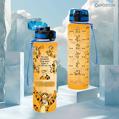 Orange Tiger 32 Oz Insulated Water Track Bottle, Orange Cartoon Character Water Bottle With Time Marker, Motivational Gifts For Cartoon Lovers