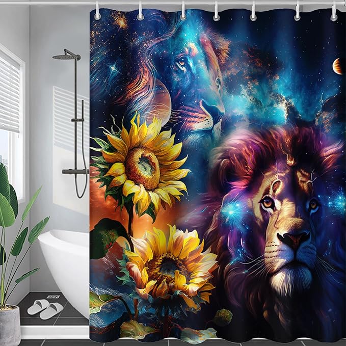 AILONEN Lion Shower Curtain for Kids Boys Teens,Galaxy Sunflower Lion Bath Curtain for Bathroom Decor,Modern Romantic Polyester Waterproof with 12 Plastic Hooks 36" W*72" H