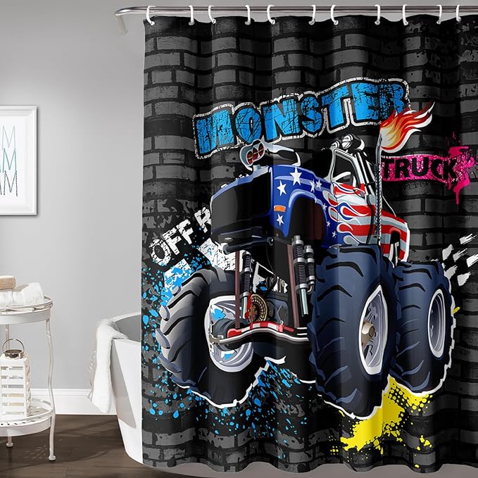 AILONEN Monster Truck Shower Curtain, Black Retro 3D Printed Truck Bath Curtain for Boys,Red Blue Truck Car Bathroom Decor Waterproof Fabric 36" W*72" H Inch with 12 Plastic Hooks