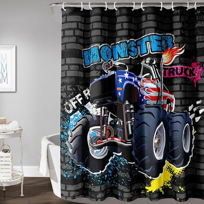 AILONEN Monster Truck Shower Curtain, Black Retro 3D Printed Truck Bath Curtain for Boys,Red Blue Truck Car Bathroom Decor Waterproof Fabric 72" W*96" H Inch with 12 Plastic Hooks